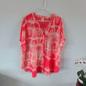 Faded Glory Womens 2X Tie Dye Blouse Salmon Coral Boho Tunic Top Plus Size